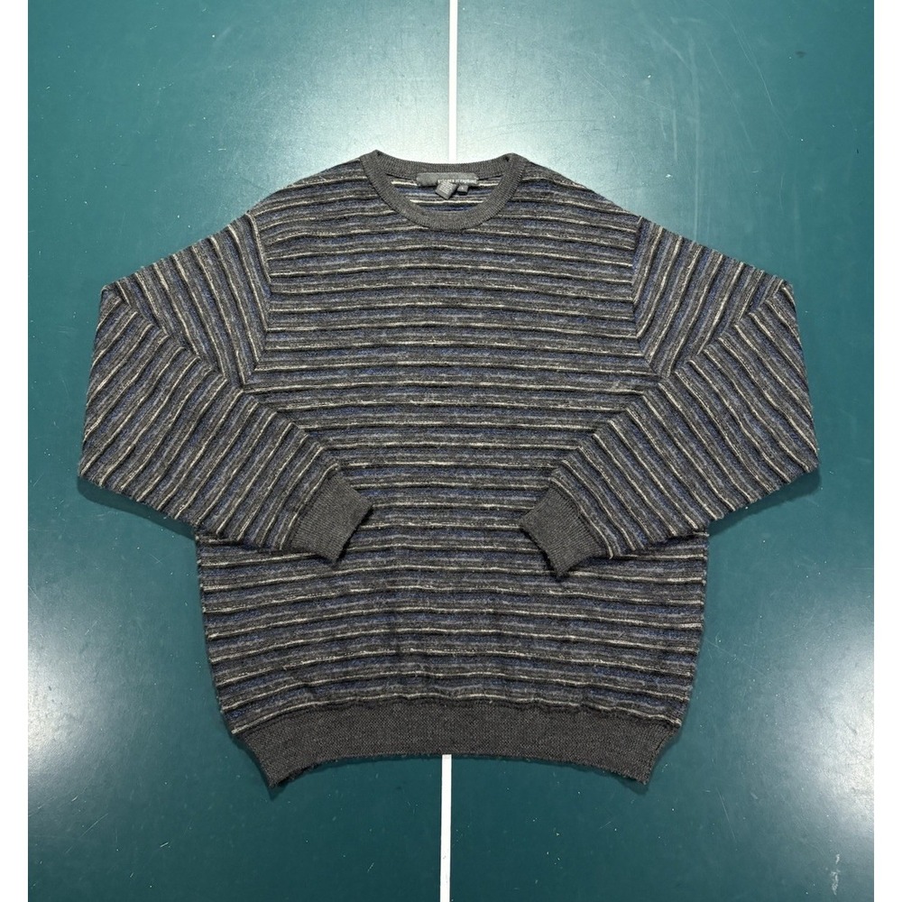Vtg Tricots St Raphael Wool Sweater Men's Large Blue Gray Striped Textured Knit